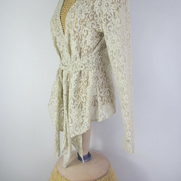 Suki Women M Taupe Ivory Floral Lace Long Sleeve Cardigan Front Ties Made in USA - Picture 10 of 12